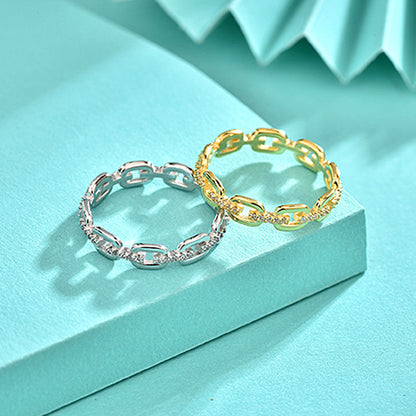 925 Silver Chain Link Geometric Ring with Zircon White/Yellow Gold Plated Women's Jewelry Size 6-8