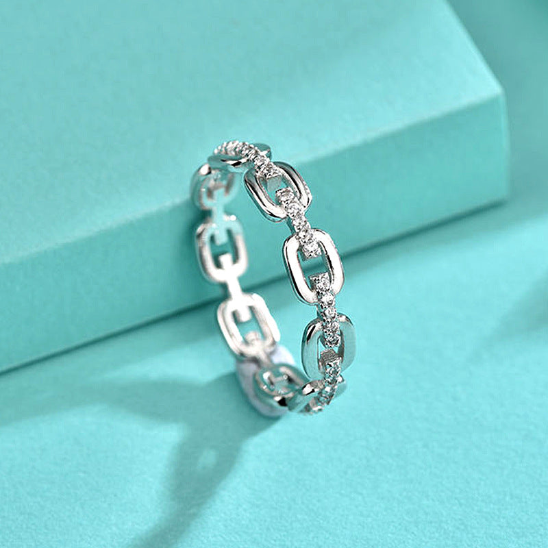 925 Silver Chain Link Geometric Ring with Zircon White/Yellow Gold Plated Women's Jewelry Size 6-8