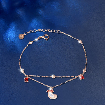 925 Silver Christmas Stocking Bracelet with Rose Gold Plating Forest Style Travel Jewelry Rhodium Plated
