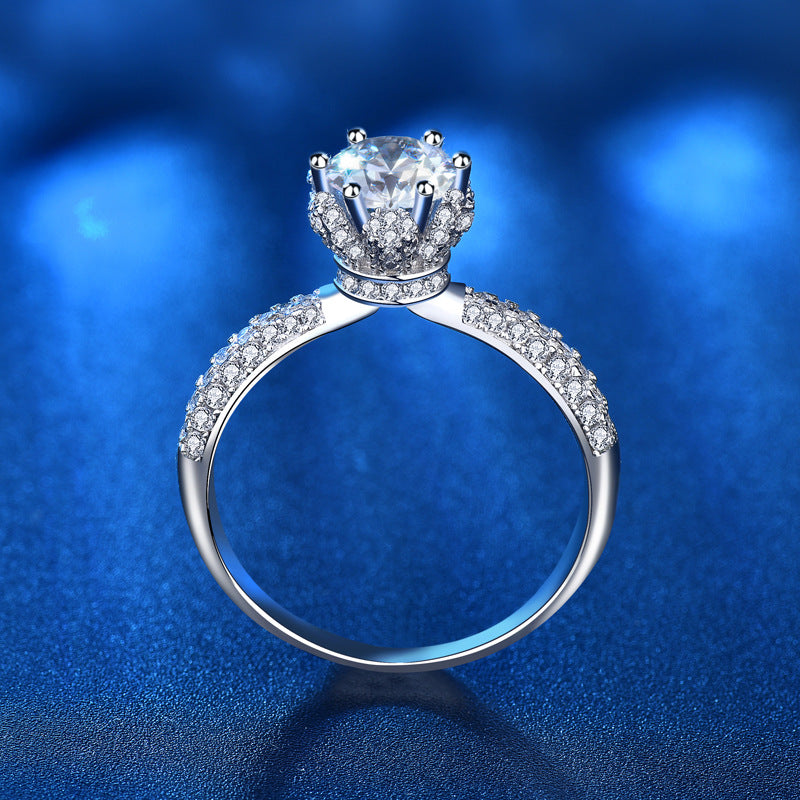 925 Silver Crown Design Ring with 1ct D Color Moissanite Heavy 0.05um Rhodium Plated Women's Jewelry Size 5-8