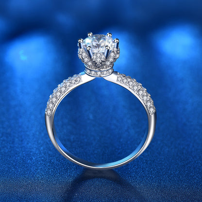 925 Silver Crown Design Ring with 1ct D Color Moissanite Heavy 0.05um Rhodium Plated Women's Jewelry Size 5-8