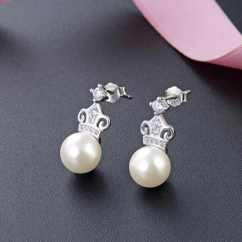 925 Silver Crown Pearl Stud Earrings - Korean Style 7-8mm Mother-of-Pearl Earrings with Plastic Stoppers