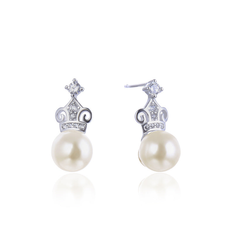 925 Silver Crown Pearl Stud Earrings - Korean Style 7-8mm Mother-of-Pearl Earrings with Plastic Stoppers