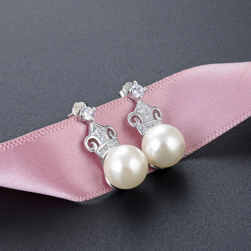 925 Silver Crown Pearl Stud Earrings - Korean Style 7-8mm Mother-of-Pearl Earrings with Plastic Stoppers
