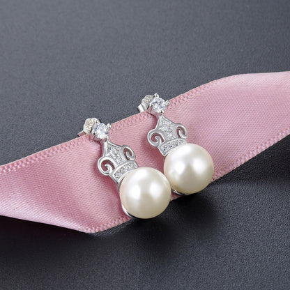 925 Silver Crown Pearl Stud Earrings - Korean Style 7-8mm Mother-of-Pearl Earrings with Plastic Stoppers