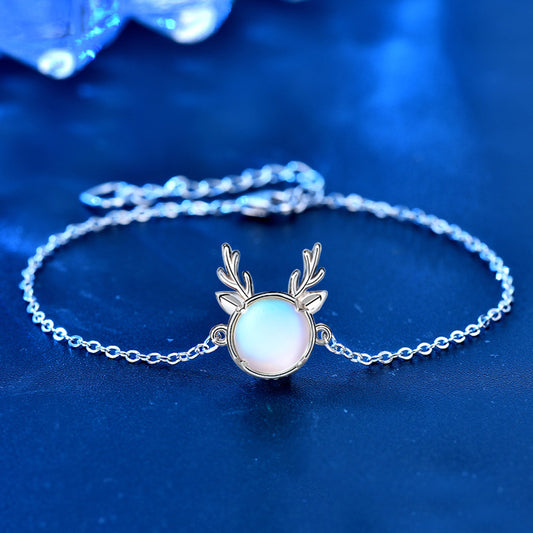 925 Silver Deer Moonstone Bracelet in White or Blue Fresh Style Employee Gift Jewelry