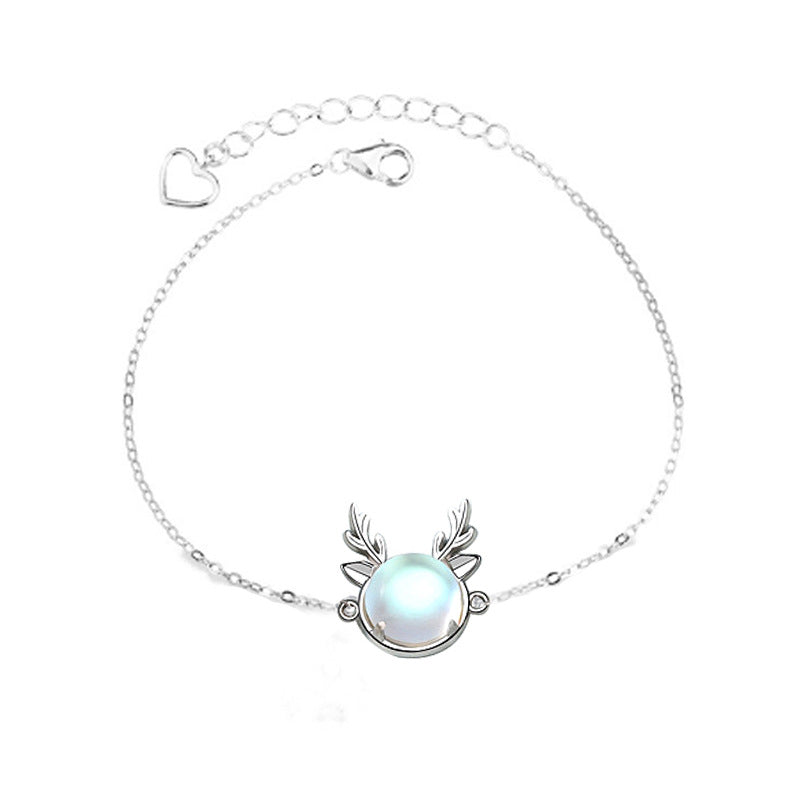 925 Silver Deer Moonstone Bracelet in White or Blue Fresh Style Employee Gift Jewelry