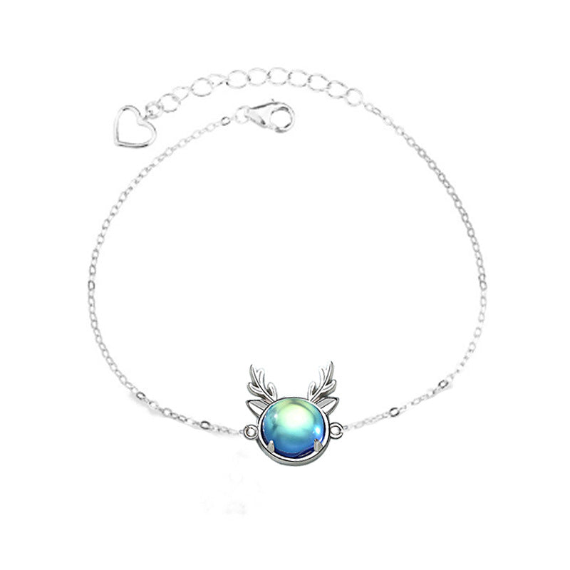 925 Silver Deer Moonstone Bracelet in White or Blue Fresh Style Employee Gift Jewelry