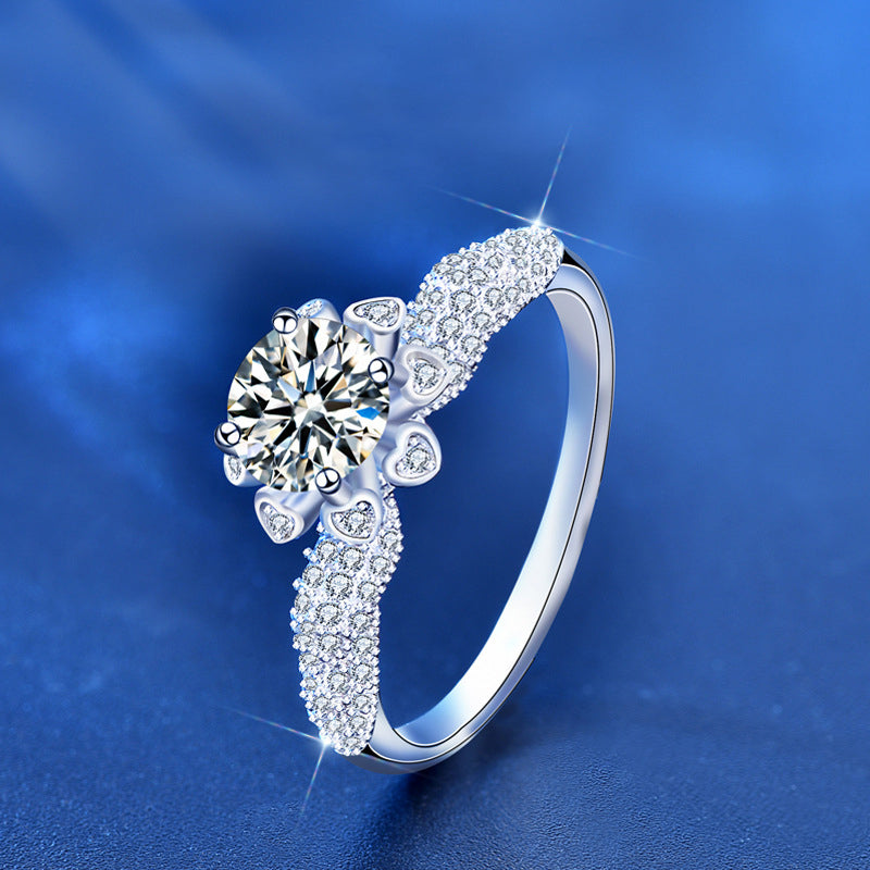 925 Silver Floral Micro Paved Ring with 1 Carat Moissanite Original Design Jewelry for Women Size 5-8 White Gold Plated