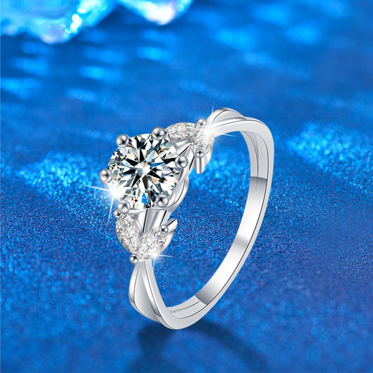 925 Silver Floral Ring with 1ct Moissanite Rhodium Plated Women's Luxury Jewelry Size 5-8