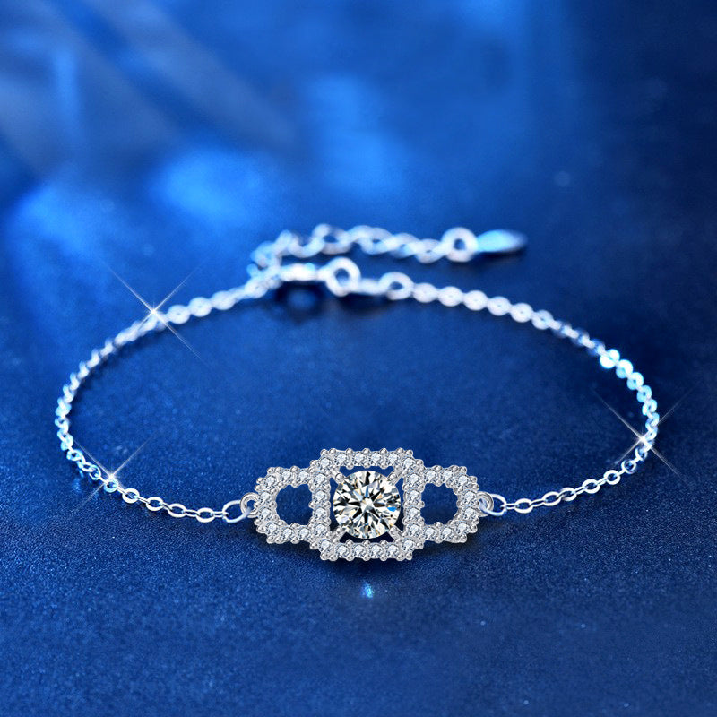925 Silver Geometric Bracelet with 1ct Moissanite Row Diamonds Unique Employee Gift Jewelry White Gold Plated