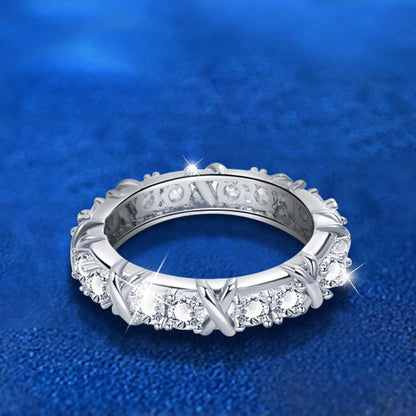 925 Silver Geometric Eternity Band with 0.06ct Moissanite Pavé Rhodium Plated Women's Ring Size 6-9