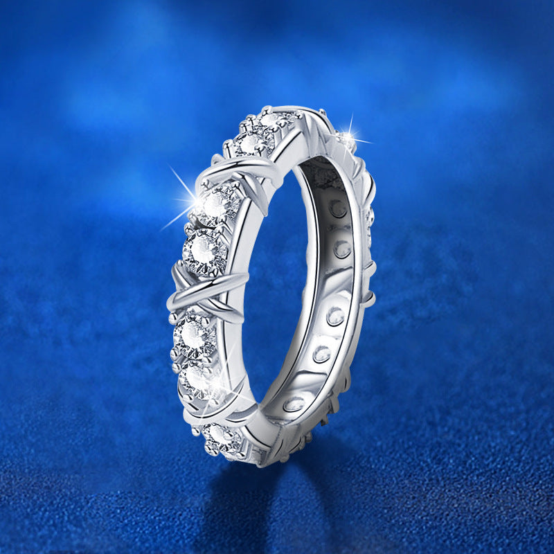 925 Silver Geometric Eternity Band with 0.06ct Moissanite Pavé Rhodium Plated Women's Ring Size 6-9