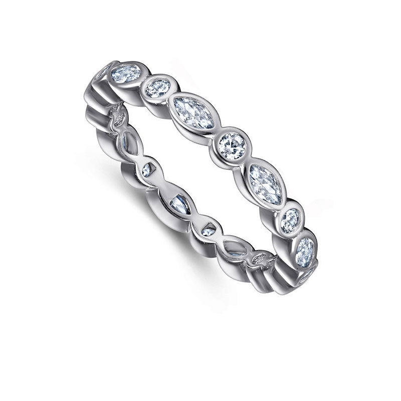 925 Silver Geometric Eternity Band with Zircon Stones Rhodium Plated Women's Professional Jewelry Size 5-10