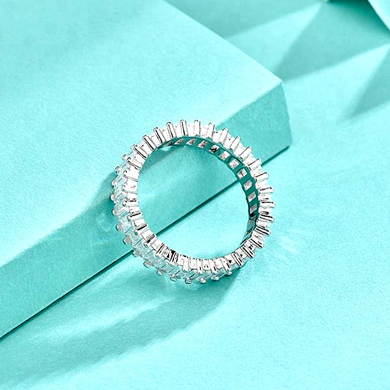 925 Silver Geometric Ring with Zircon Square & Circle Design Rhodium Plated Women's Jewelry Size 6-8