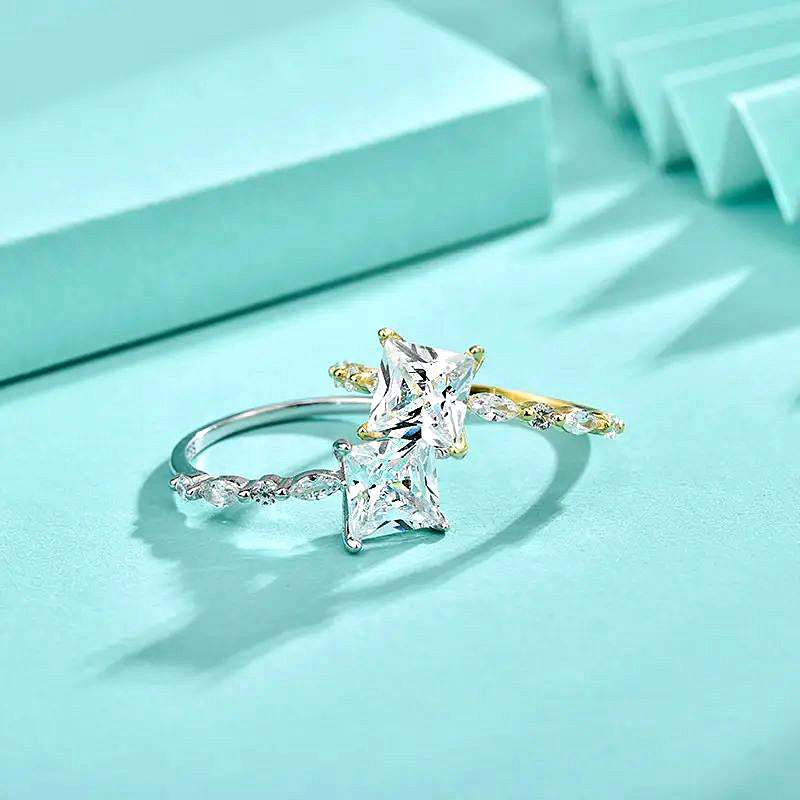 925 Silver Geometric Square Cut Zircon Ring White/Yellow Gold Plated Minimalist Women's Jewelry Size 6-7