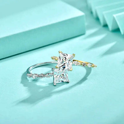 925 Silver Geometric Square Cut Zircon Ring White/Yellow Gold Plated Minimalist Women's Jewelry Size 6-7