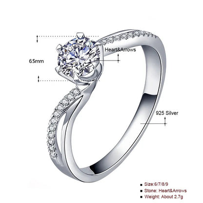925 Silver Geometric Zircon Ring Rhodium Plated Korean Style Sweet Women's Jewelry Size 5-10