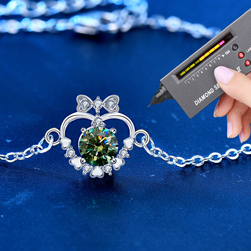 925 Silver Heart Bow Bracelet with 0.5ct Green or White Moissanite Sweet Employee Gift Jewelry