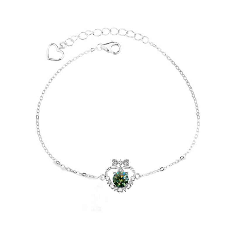925 Silver Heart Bow Bracelet with 0.5ct Green or White Moissanite Sweet Employee Gift Jewelry