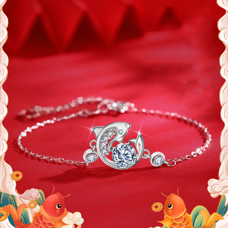 925 Silver Koi Fish Bracelet with 0.5ct Moissanite Royal Inspired Employee Gift Jewelry White Gold Plated