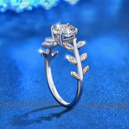 925 Silver Leaf Shaped Ring with 1ct Moissanite Rhodium Plated Women's Luxury Jewelry Size 5-8