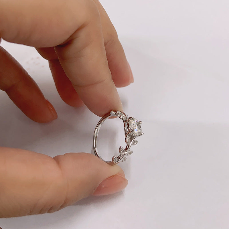 925 Silver Leaf Shaped Ring with 1ct Moissanite Rhodium Plated Women's Luxury Jewelry Size 5-8