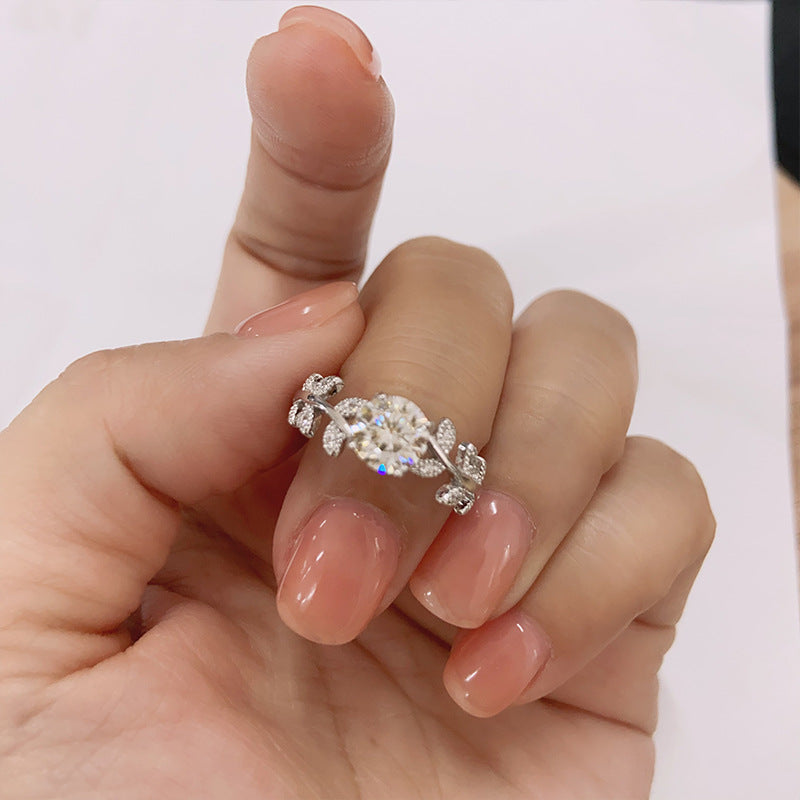925 Silver Leaf Shaped Ring with 1ct Moissanite Rhodium Plated Women's Luxury Jewelry Size 5-8