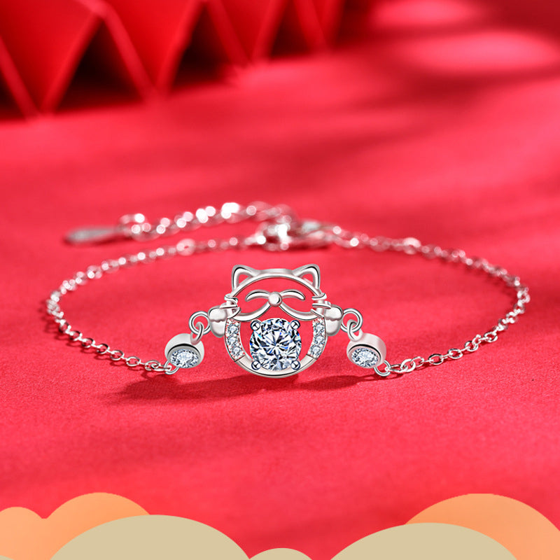 925 Silver Lucky Cat Bracelet with 0.5ct Moissanite Travel Jewelry Rhodium Plated