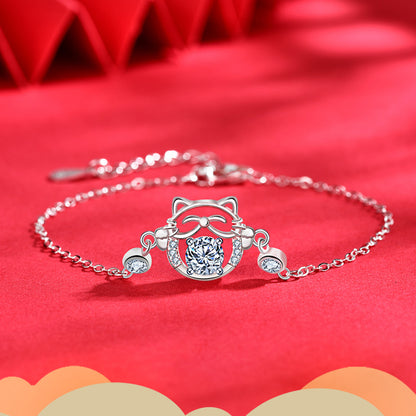 925 Silver Lucky Cat Bracelet with 0.5ct Moissanite Travel Jewelry Rhodium Plated