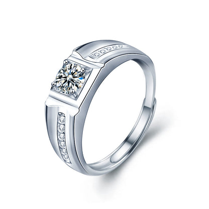 925 Silver Men's Adjustable Geometric Ring with 0.5ct or 1ct Moissanite Polished Casual Jewelry White Gold Plated