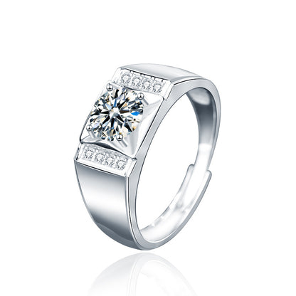 925 Silver Men's Adjustable Geometric Ring with 1ct Moissanite European Style White Gold Plated Jewelry