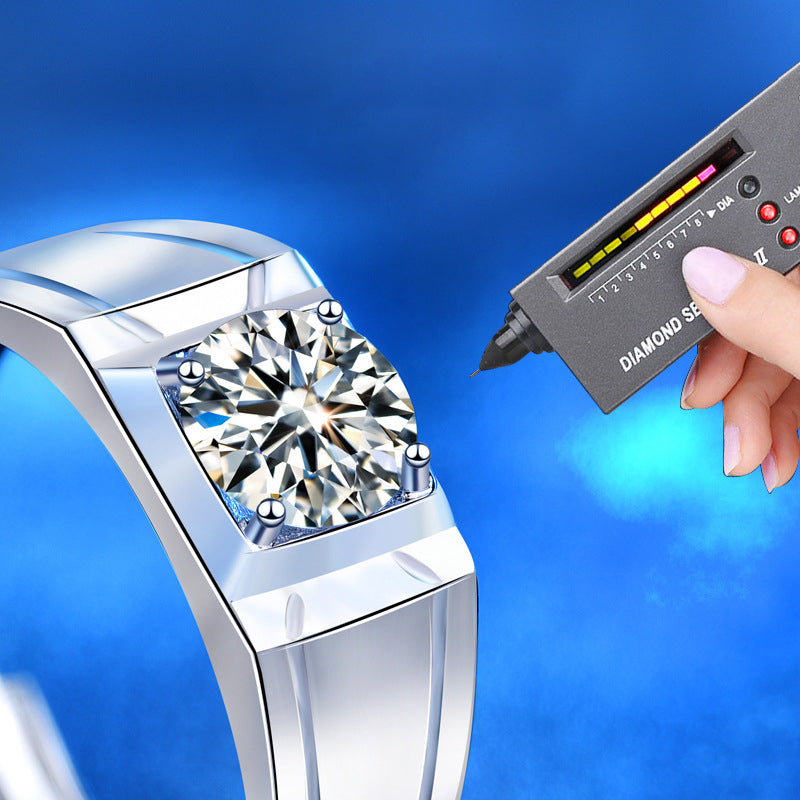 925 Silver Men's Adjustable Geometric Ring with 1ct Moissanite Minimalist White Gold Plated Jewelry