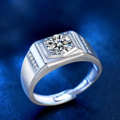 925 Silver Men's Adjustable Geometric Ring with 1ct Moissanite Premium Rhodium Plated Jewelry