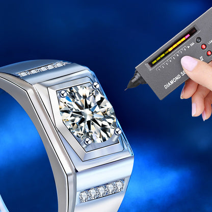 925 Silver Men's Adjustable Geometric Ring with 1ct Moissanite Premium Rhodium Plated Jewelry