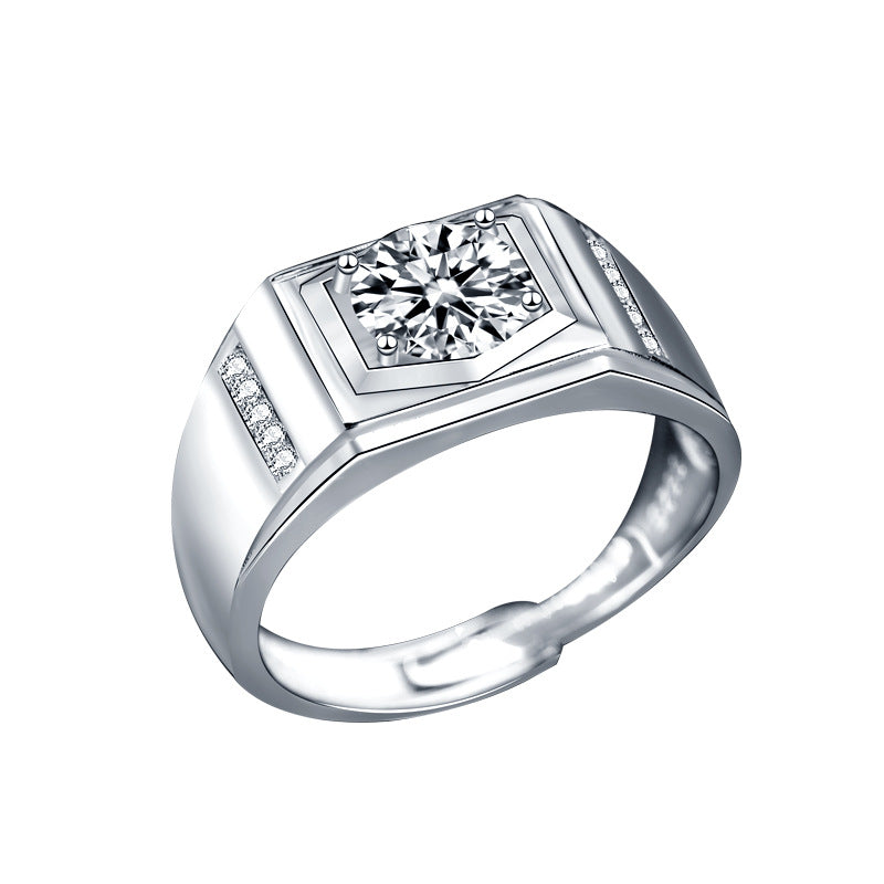 925 Silver Men's Adjustable Geometric Ring with 1ct Moissanite Premium Rhodium Plated Jewelry