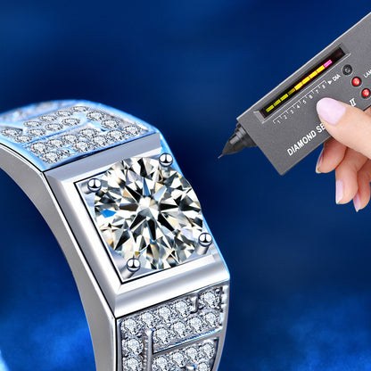 925 Silver Men's Adjustable Geometric Ring with 1ct Moissanite Quadrilateral Design European Style