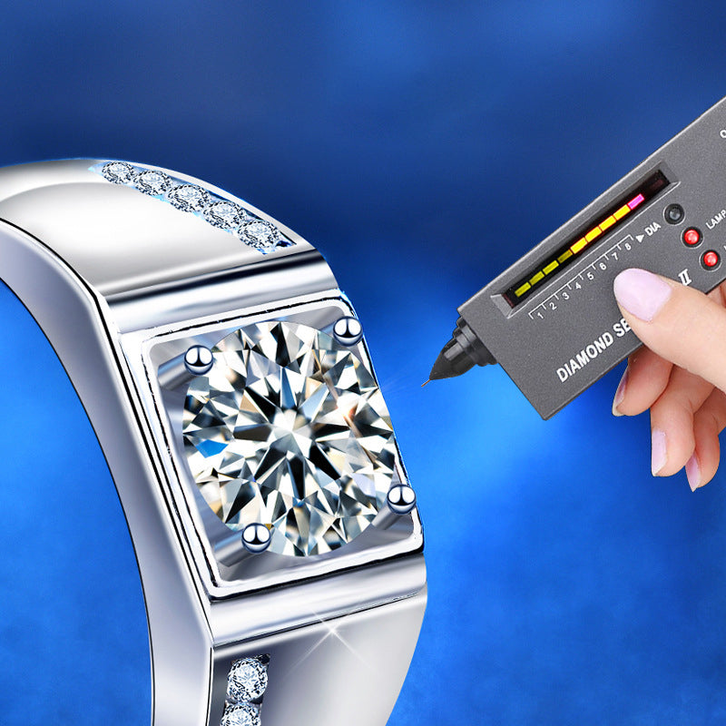 925 Silver Men's Adjustable Geometric Ring with 1ct Moissanite Quadrilateral Design Premium White Gold Plated