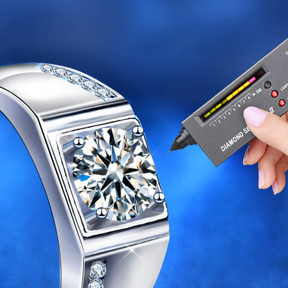 925 Silver Men's Adjustable Geometric Ring with 1ct Moissanite Quadrilateral Design Premium White Gold Plated