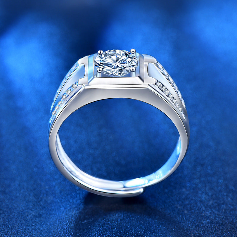 925 Silver Men's Adjustable Geometric Ring with 1ct Moissanite and Hearts Arrows Zircon European Style Rhodium Plated Jewelry