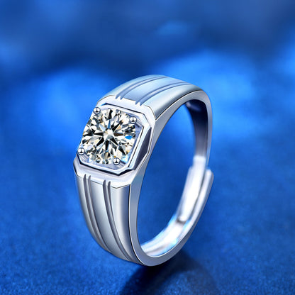 925 Silver Men's Adjustable Minimalist Ring with 1ct Moissanite and Hearts Arrows Zircon Rhodium Plated Jewelry