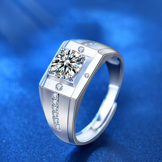 925 Silver Men's Geometric Ring with 1ct or 2ct Moissanite Adjustable White Gold Plated Statement Jewelry
