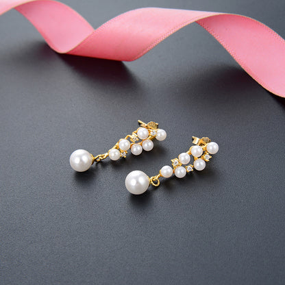 925 Silver Pearl Drop Earrings - Korean-Chinese Fusion Geometric Dangle Earrings with Plastic Stoppers