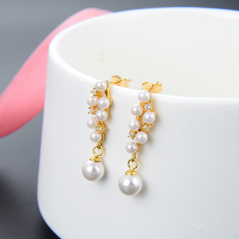 925 Silver Pearl Drop Earrings - Korean-Chinese Fusion Geometric Dangle Earrings with Plastic Stoppers