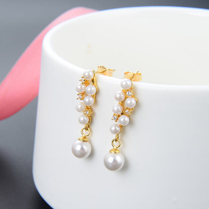 925 Silver Pearl Drop Earrings - Korean-Chinese Fusion Geometric Dangle Earrings with Plastic Stoppers