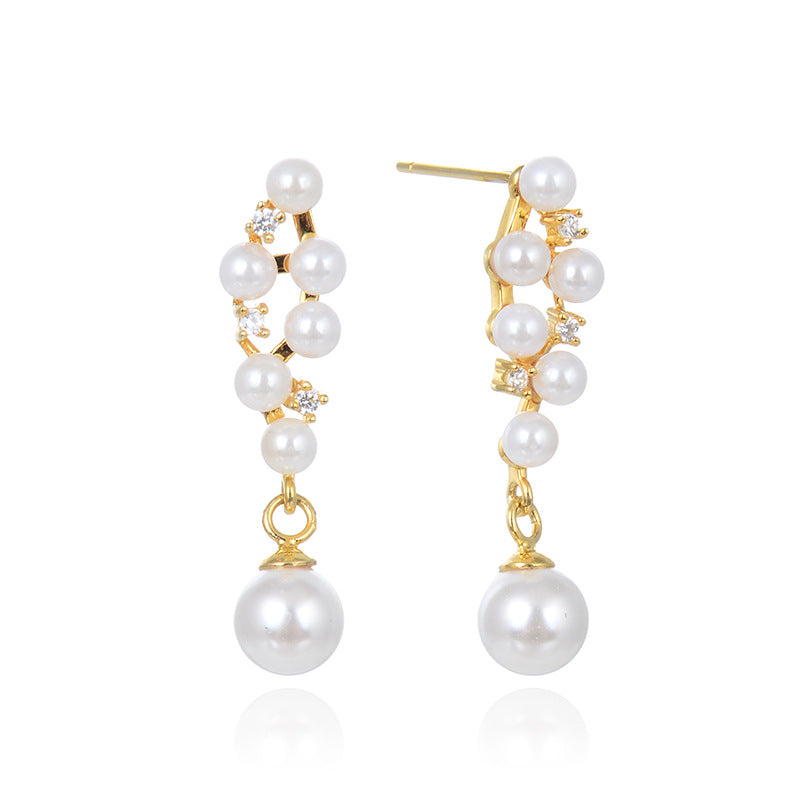 925 Silver Pearl Drop Earrings - Korean-Chinese Fusion Geometric Dangle Earrings with Plastic Stoppers