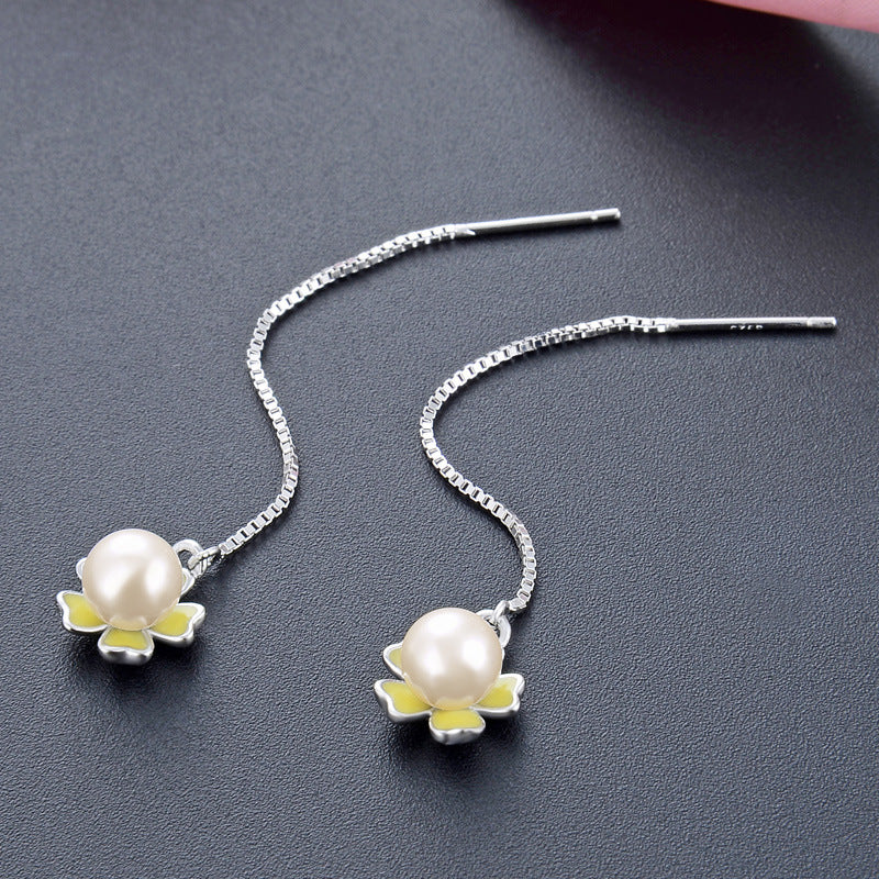 925 Silver Pearl Drop Earrings - Korean Style Mother-of-Pearl Dangle Earrings for Women