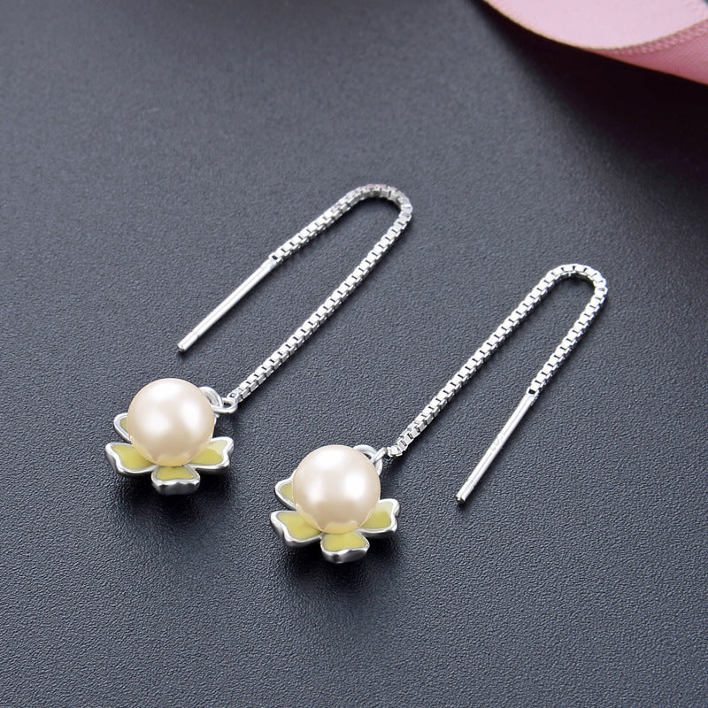 925 Silver Pearl Drop Earrings - Korean Style Mother-of-Pearl Dangle Earrings for Women