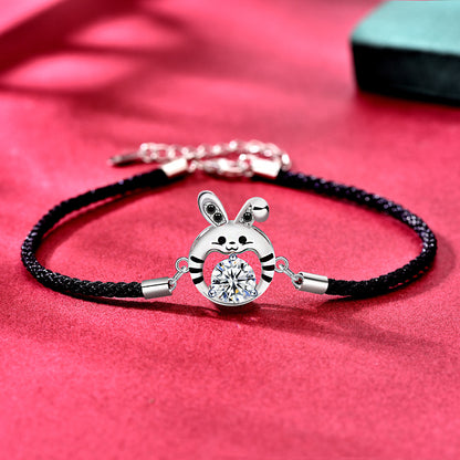 925 Silver Rabbit Couple Bracelet Set with 1ct and 0.5ct Moissanite Minimalist Employee Gift Jewelry