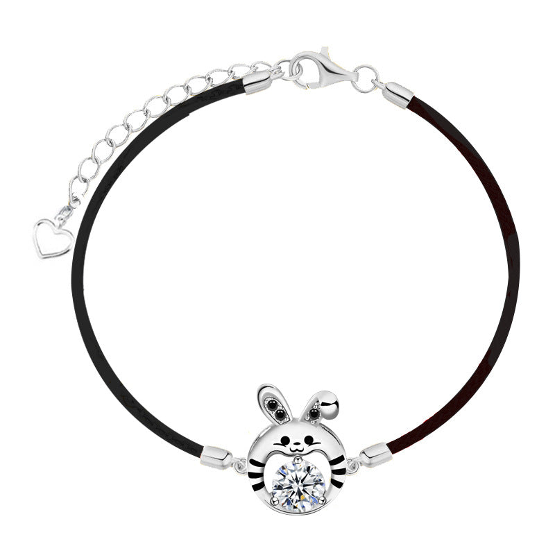 925 Silver Rabbit Couple Bracelet Set with 1ct and 0.5ct Moissanite Minimalist Employee Gift Jewelry